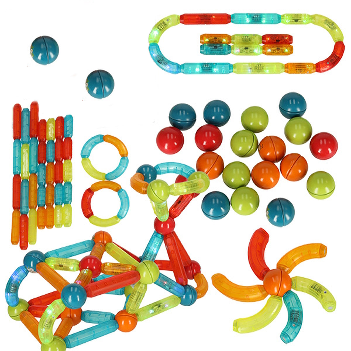 Blocuri Magnetice idealStore StiksMag, 76 Elemente, cu Lumini, Se pot crea Multiple Figuri si Cladiri, Piese de dimensiuni Mari, Dezvolta Abilitatile Manuale, Abilitati Motorii Fine, Imaginatia Spatiala