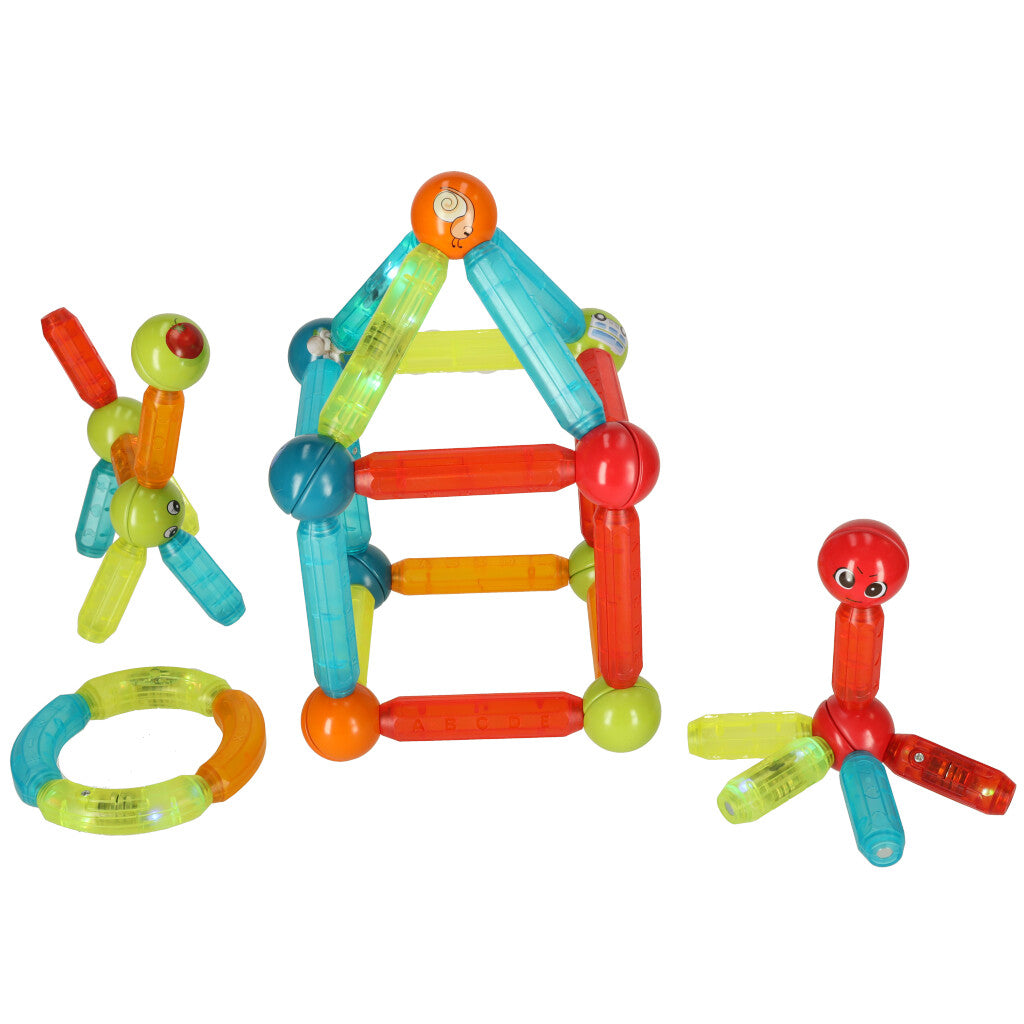 Blocuri Magnetice idealStore StiksMag, 76 Elemente, cu Lumini, Se pot crea Multiple Figuri si Cladiri, Piese de dimensiuni Mari, Dezvolta Abilitatile Manuale, Abilitati Motorii Fine, Imaginatia Spatiala