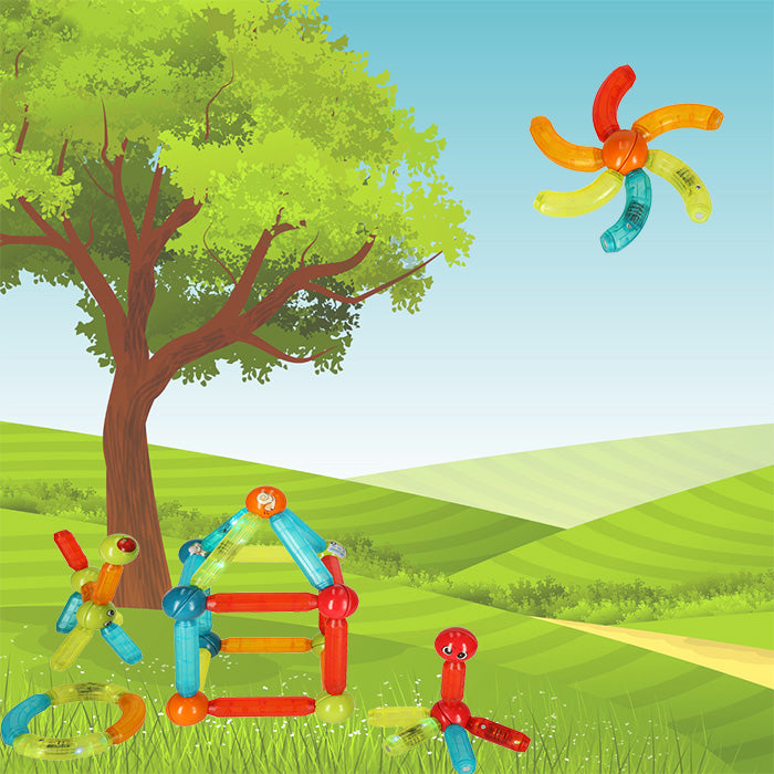 Blocuri Magnetice idealStore StiksMag, 76 Elemente, cu Lumini, Se pot crea Multiple Figuri si Cladiri, Piese de dimensiuni Mari, Dezvolta Abilitatile Manuale, Abilitati Motorii Fine, Imaginatia Spatiala