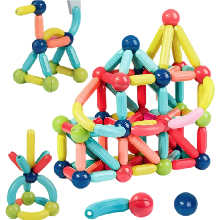 Blocuri Magnetice idealStore StiksMag, 102 Elemente cu Lumini, Se pot crea Multiple Figuri si Cladiri, Piese de dimensiuni Mari, Dezvolta Abilitatile Manuale, Abilitati Motorii Fine, Imaginatia Spatiala