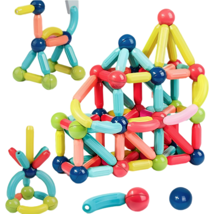 Blocuri Magnetice idealStore StiksMag, 102 Elemente cu Lumini, Se pot crea Multiple Figuri si Cladiri, Piese de dimensiuni Mari, Dezvolta Abilitatile Manuale, Abilitati Motorii Fine, Imaginatia Spatiala