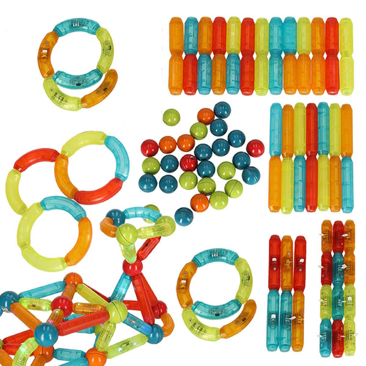 Blocuri Magnetice idealStore StiksMag, 102 Elemente cu Lumini, Se pot crea Multiple Figuri si Cladiri, Piese de dimensiuni Mari, Dezvolta Abilitatile Manuale, Abilitati Motorii Fine, Imaginatia Spatiala