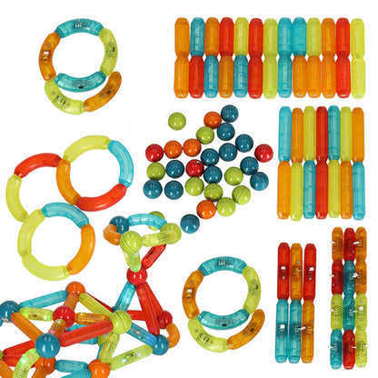 Blocuri Magnetice idealStore StiksMag, 102 Elemente cu Lumini, Se pot crea Multiple Figuri si Cladiri, Piese de dimensiuni Mari, Dezvolta Abilitatile Manuale, Abilitati Motorii Fine, Imaginatia Spatiala