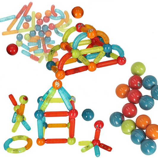 Blocuri Magnetice idealStore StiksMag, 52 Elemente, cu Lumini, Se pot crea Multiple Figuri si Cladiri, Piese de dimensiuni Mari, Dezvolta Abilitatile Manuale, Abilitati Motorii Fine, Imaginatia Spatiala