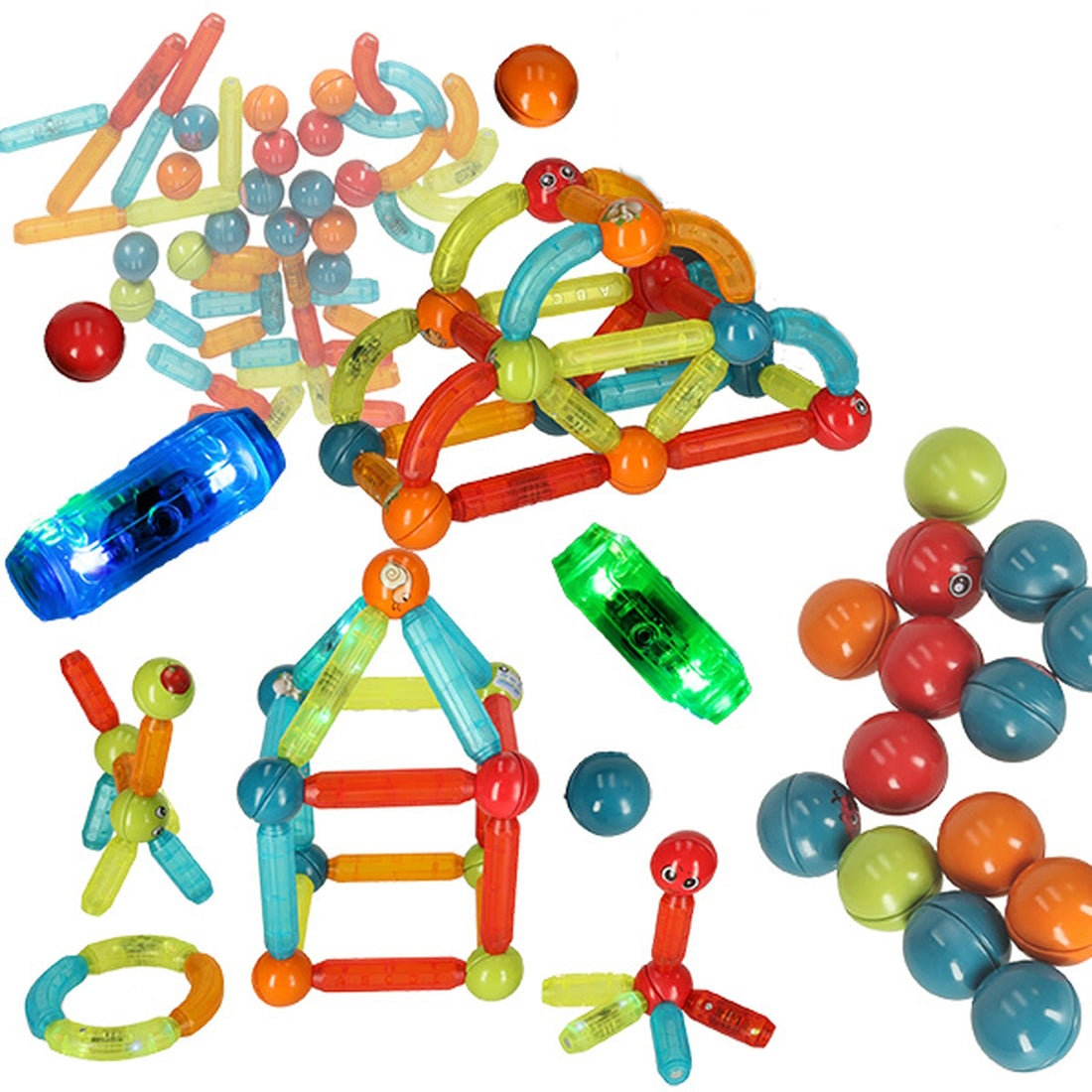 Blocuri Magnetice idealStore StiksMag, 52 Elemente, cu Lumini, Se pot crea Multiple Figuri si Cladiri, Piese de dimensiuni Mari, Dezvolta Abilitatile Manuale, Abilitati Motorii Fine, Imaginatia Spatiala