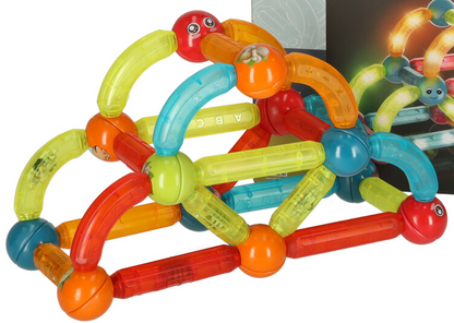 Blocuri Magnetice idealStore StiksMag, 52 Elemente, cu Lumini, Se pot crea Multiple Figuri si Cladiri, Piese de dimensiuni Mari, Dezvolta Abilitatile Manuale, Abilitati Motorii Fine, Imaginatia Spatiala