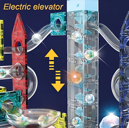 Set constructii Inteligent Musical Constructions IdealStore, Pista cu Bile, 118 Elemente, Roata Electrica, Lift, Dimensiune 56 cm x 39,2 cm x 9,5 cm, Distractie in Familie, Dezvoltare Abilitati Practice, Dezvoltari Motorii, Multicolor