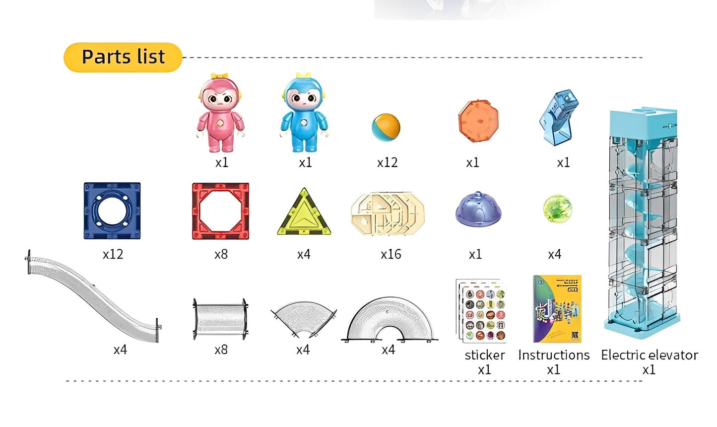 Set constructii Inteligent Musical Constructions IdealStore, Pista cu Bile, 118 Elemente, Roata Electrica, Lift, Dimensiune 56 cm x 39,2 cm x 9,5 cm, Distractie in Familie, Dezvoltare Abilitati Practice, Dezvoltari Motorii, Multicolor