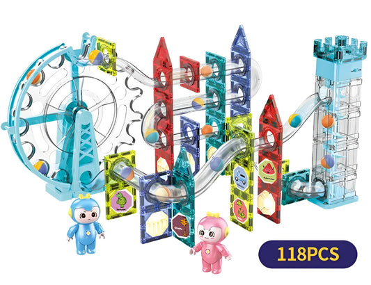 Set constructii Inteligent Musical Constructions IdealStore, Pista cu Bile, 118 Elemente, Roata Electrica, Lift, Dimensiune 56 cm x 39,2 cm x 9,5 cm, Distractie in Familie, Dezvoltare Abilitati Practice, Dezvoltari Motorii, Multicolor