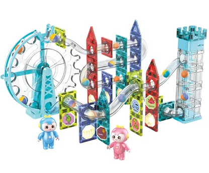 Set constructii Inteligent Musical Constructions IdealStore, Pista cu Bile, 118 Elemente, Roata Electrica, Lift, Dimensiune 56 cm x 39,2 cm x 9,5 cm, Distractie in Familie, Dezvoltare Abilitati Practice, Dezvoltari Motorii, Multicolor