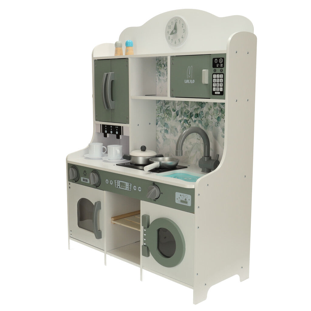 Bucatarie Din Lemn Multifunctionala idealSTORE, Dimensiuni 62 x 26 x 85 cm, Echipata cu Masina de Spalat, Cuptor, Ceas, Expresor de Cafea, Cuptor cu Microunde, Include Oala de lemn, Lingura, Furculita, 2 Pahare, Confectionata din lemn de inalta calitate