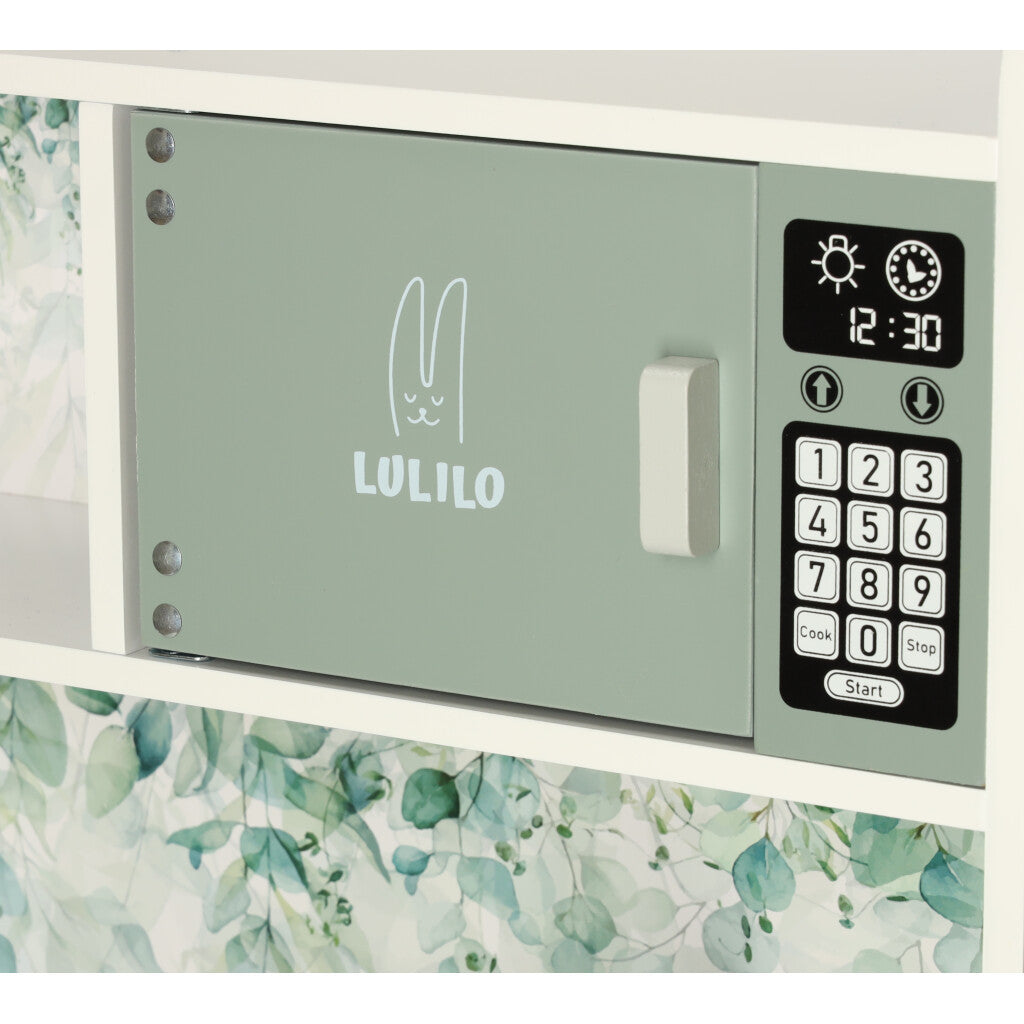 Bucatarie Din Lemn Multifunctionala idealSTORE, Dimensiuni 62 x 26 x 85 cm, Echipata cu Masina de Spalat, Cuptor, Ceas, Expresor de Cafea, Cuptor cu Microunde, Include Oala de lemn, Lingura, Furculita, 2 Pahare, Confectionata din lemn de inalta calitate