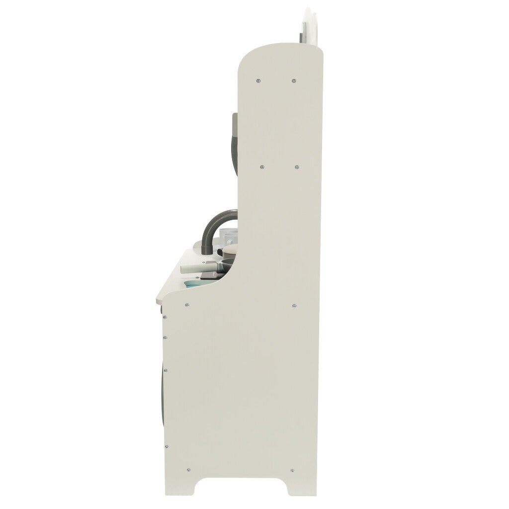 Bucatarie Din Lemn Multifunctionala idealSTORE, Dimensiuni 62 x 26 x 85 cm, Echipata cu Masina de Spalat, Cuptor, Ceas, Expresor de Cafea, Cuptor cu Microunde, Include Oala de lemn, Lingura, Furculita, 2 Pahare, Confectionata din lemn de inalta calitate