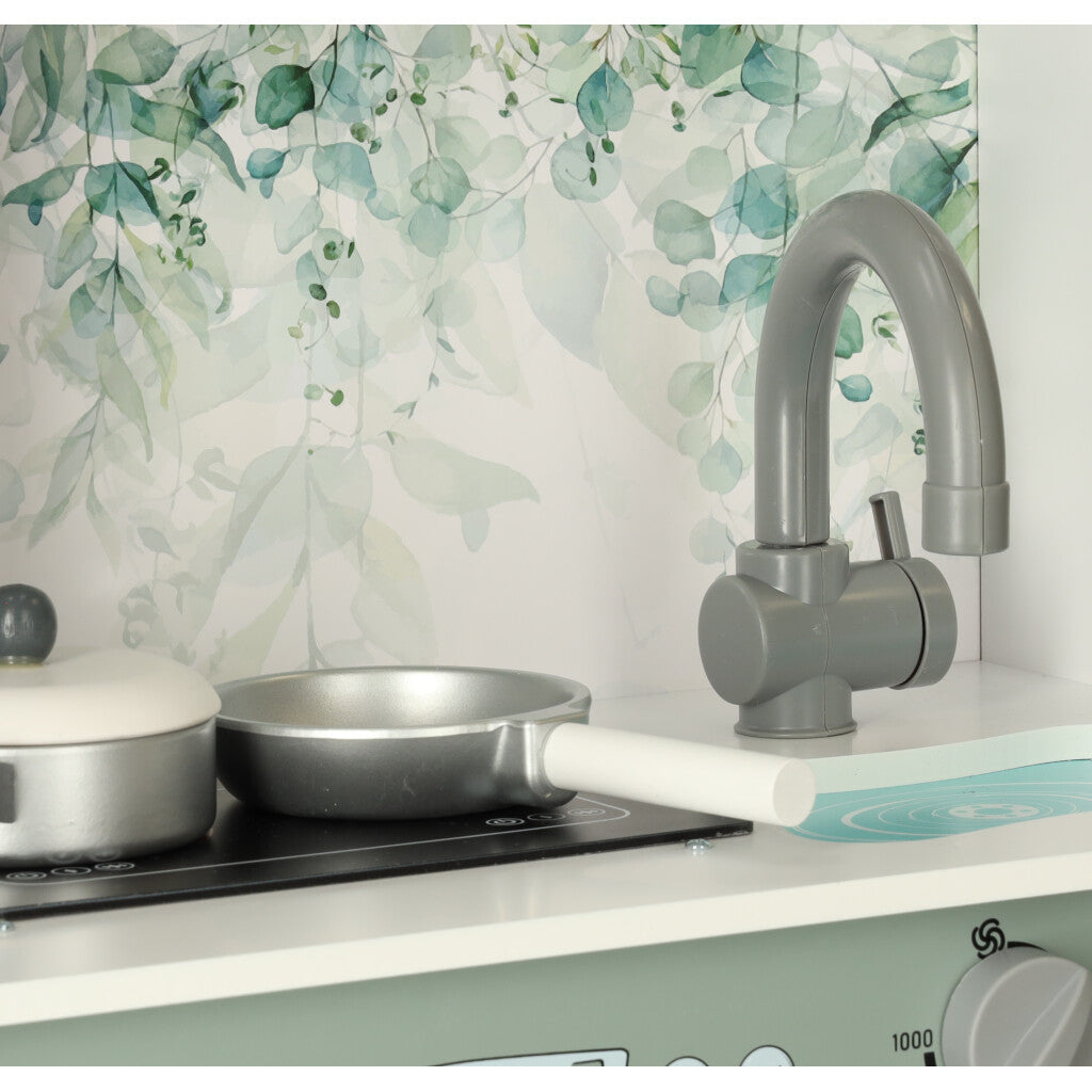 Bucatarie Din Lemn Multifunctionala idealSTORE, Dimensiuni 62 x 26 x 85 cm, Echipata cu Masina de Spalat, Cuptor, Ceas, Expresor de Cafea, Cuptor cu Microunde, Include Oala de lemn, Lingura, Furculita, 2 Pahare, Confectionata din lemn de inalta calitate