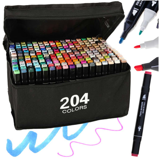 Set 204 markere duble ideal STORE Fantasy Paint, pe baza de alcool, 2 capete profesionale, 1 varf pentru schite, 1 varf pentru desen, geanta transport, multicolor