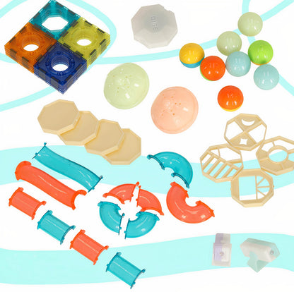 Set de constructie IdealStore, Blocuri magnetice luminoase, Pista cu bile stralucitoare, Dimensiune pachet 27 X 13 X 7.5 cm, Contine 49elemente, 4bile,20autocolante,16blocuri patrate, Dezvolta perfect motricitatea si precizia degetelor, Multicolor