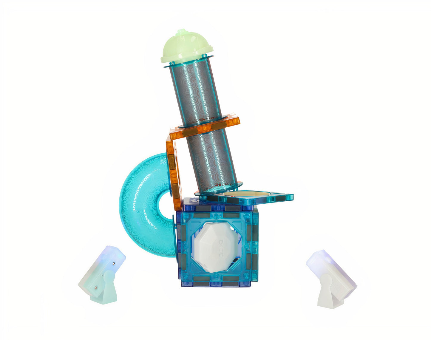 Set de constructie IdealStore, Blocuri magnetice luminoase, Pista cu bile stralucitoare, Dimensiune pachet 27 X 13 X 7.5 cm, Contine 49elemente, 4bile,20autocolante,16blocuri patrate, Dezvolta perfect motricitatea si precizia degetelor, Multicolor