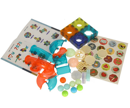 Set de constructie IdealStore, Blocuri magnetice luminoase, Pista cu bile stralucitoare, Dimensiune pachet 27 X 13 X 7.5 cm, Contine 49elemente, 4bile,20autocolante,16blocuri patrate, Dezvolta perfect motricitatea si precizia degetelor, Multicolor