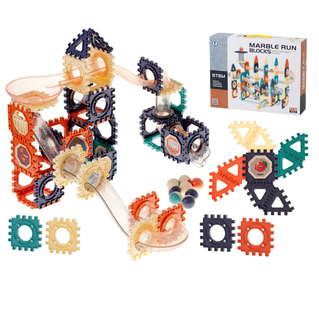 Set de Constructie cu 110 Piese, Educativ si Creativ, 'LikeSmart Marble Blocks', Forme diferite, Tobogane si Tuneluri