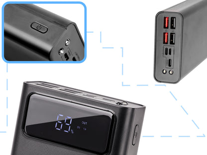 Baterie Externa idealStore PowerBank 30000 maH, 4 iesiri USB, 2 x usb cu Incarcare Rapida, Tensiune Iesire 5V-2A, Ecran LED, Functie de Lanterna, Incarcare in 10 ore