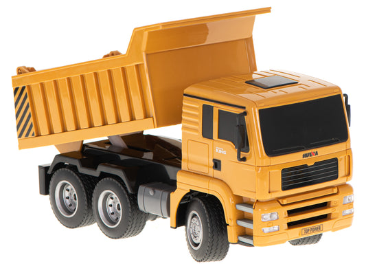 Camion Interactiv de Jucarie idealSTORE, Dimensiuni 28 x 11 x 14 cm, Iluminare LED, Anvelope din Cauciuc, Incarcare USB, Control la Distanta, Buton pentru Basculare, Scara 1:18, O Modalitate Excelenta de a Deveni un Mic Constructor