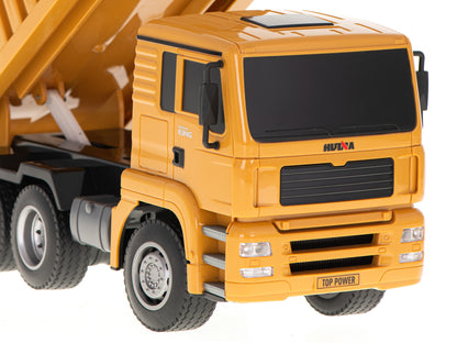 Camion Interactiv de Jucarie idealSTORE, Dimensiuni 28 x 11 x 14 cm, Iluminare LED, Anvelope din Cauciuc, Incarcare USB, Control la Distanta, Buton pentru Basculare, Scara 1:18, O Modalitate Excelenta de a Deveni un Mic Constructor