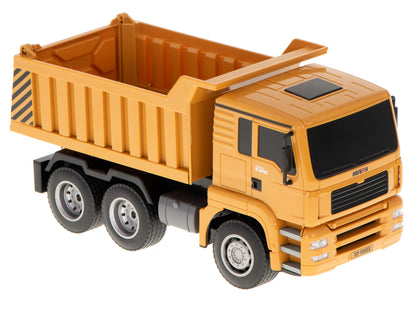 Camion Interactiv de Jucarie idealSTORE, Dimensiuni 28 x 11 x 14 cm, Iluminare LED, Anvelope din Cauciuc, Incarcare USB, Control la Distanta, Buton pentru Basculare, Scara 1:18, O Modalitate Excelenta de a Deveni un Mic Constructor