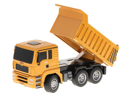 Camion Interactiv de Jucarie idealSTORE, Dimensiuni 28 x 11 x 14 cm, Iluminare LED, Anvelope din Cauciuc, Incarcare USB, Control la Distanta, Buton pentru Basculare, Scara 1:18, O Modalitate Excelenta de a Deveni un Mic Constructor