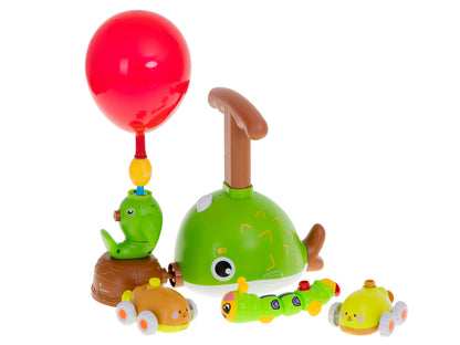 Lansator Aerodinamic de Baloane Puffer idealSTORE, Dimensiuni 18 x 13 x 22 cm, Include 2 Masini-Racheta, 12 Baloane Colorate, Fluier Zburator, Omida, Stea de Mare, Stimuleaza Imaginatia si Dezvoltarea Coordonarii Ochi-Mana