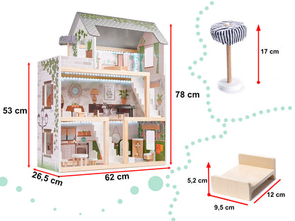 Casuta de Papusi din Lemn Vintage Boho idealSTORE, Dimensiuni 62 x 26 x 78 cm, Include 4 Camere Numeroase Accesorii de Mobilier din Lemn, Camere iluminate LED, Constructie pe 3 etaje, Terasa, Dezvolta Imaginatia si Abilitatile Manuale