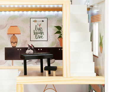 Casuta de Papusi din Lemn Vintage Boho idealSTORE, Dimensiuni 62 x 26 x 78 cm, Include 4 Camere Numeroase Accesorii de Mobilier din Lemn, Camere iluminate LED, Constructie pe 3 etaje, Terasa, Dezvolta Imaginatia si Abilitatile Manuale