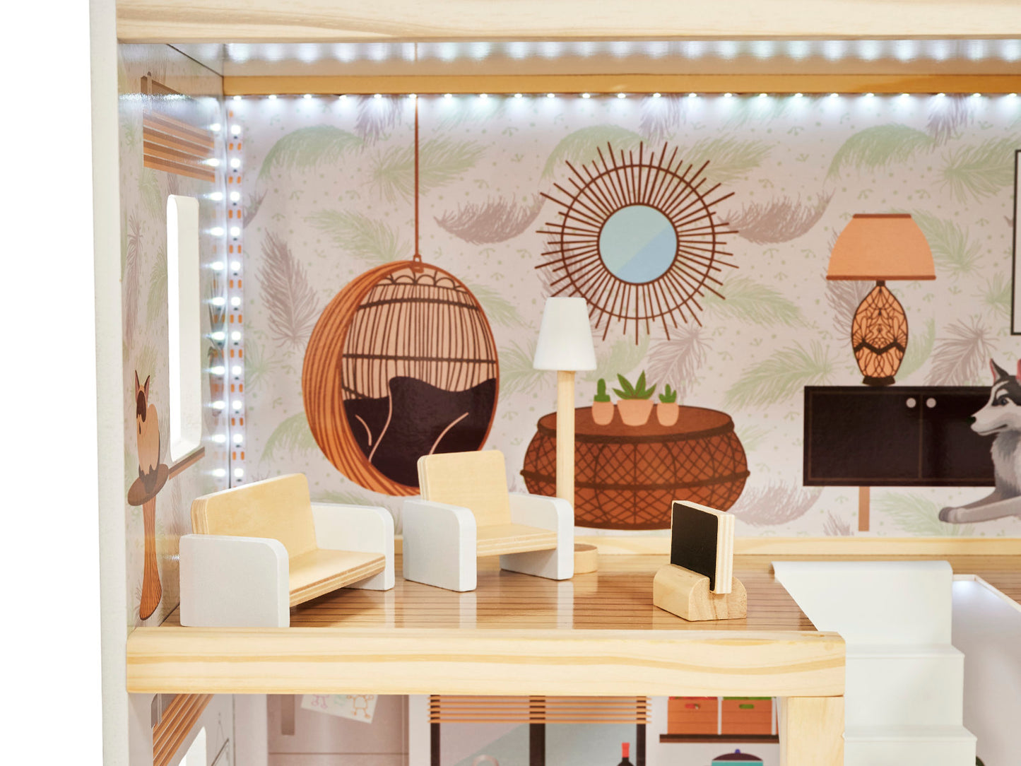 Casuta de Papusi din Lemn Vintage Boho idealSTORE, Dimensiuni 62 x 26 x 78 cm, Include 4 Camere Numeroase Accesorii de Mobilier din Lemn, Camere iluminate LED, Constructie pe 3 etaje, Terasa, Dezvolta Imaginatia si Abilitatile Manuale