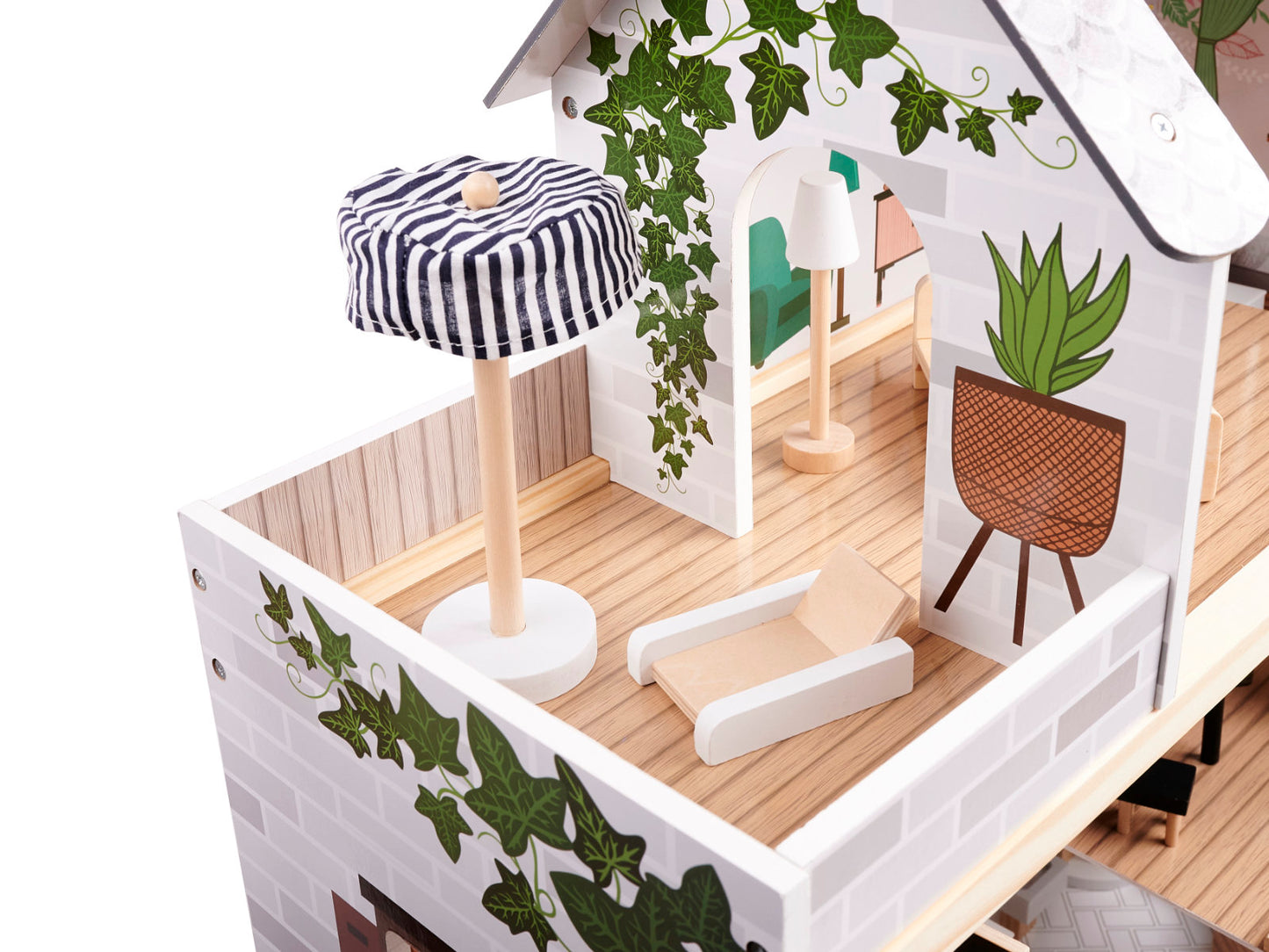 Casuta de Papusi din Lemn Vintage Boho idealSTORE, Dimensiuni 62 x 26 x 78 cm, Include 4 Camere Numeroase Accesorii de Mobilier din Lemn, Camere iluminate LED, Constructie pe 3 etaje, Terasa, Dezvolta Imaginatia si Abilitatile Manuale