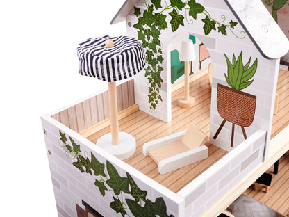 Casuta de Papusi din Lemn Vintage Boho idealSTORE, Dimensiuni 62 x 26 x 78 cm, Include 4 Camere Numeroase Accesorii de Mobilier din Lemn, Camere iluminate LED, Constructie pe 3 etaje, Terasa, Dezvolta Imaginatia si Abilitatile Manuale