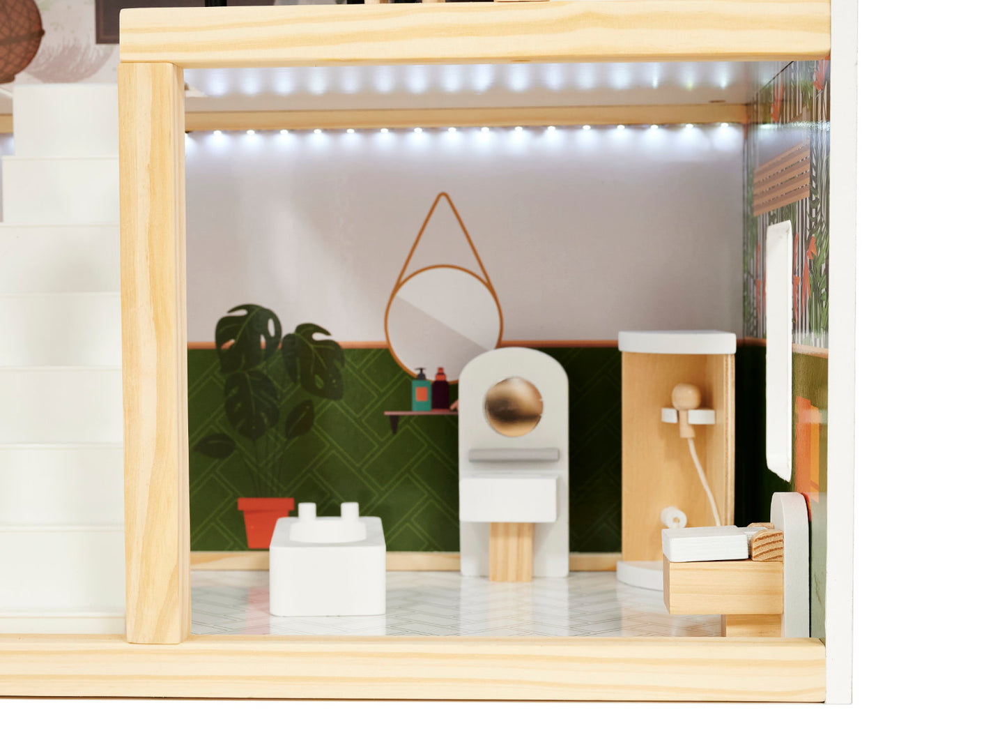 Casuta de Papusi din Lemn Vintage Boho idealSTORE, Dimensiuni 62 x 26 x 78 cm, Include 4 Camere Numeroase Accesorii de Mobilier din Lemn, Camere iluminate LED, Constructie pe 3 etaje, Terasa, Dezvolta Imaginatia si Abilitatile Manuale