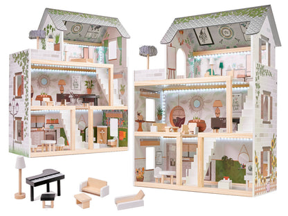 Casuta de Papusi din Lemn Vintage Boho idealSTORE, Dimensiuni 62 x 26 x 78 cm, Include 4 Camere Numeroase Accesorii de Mobilier din Lemn, Camere iluminate LED, Constructie pe 3 etaje, Terasa, Dezvolta Imaginatia si Abilitatile Manuale