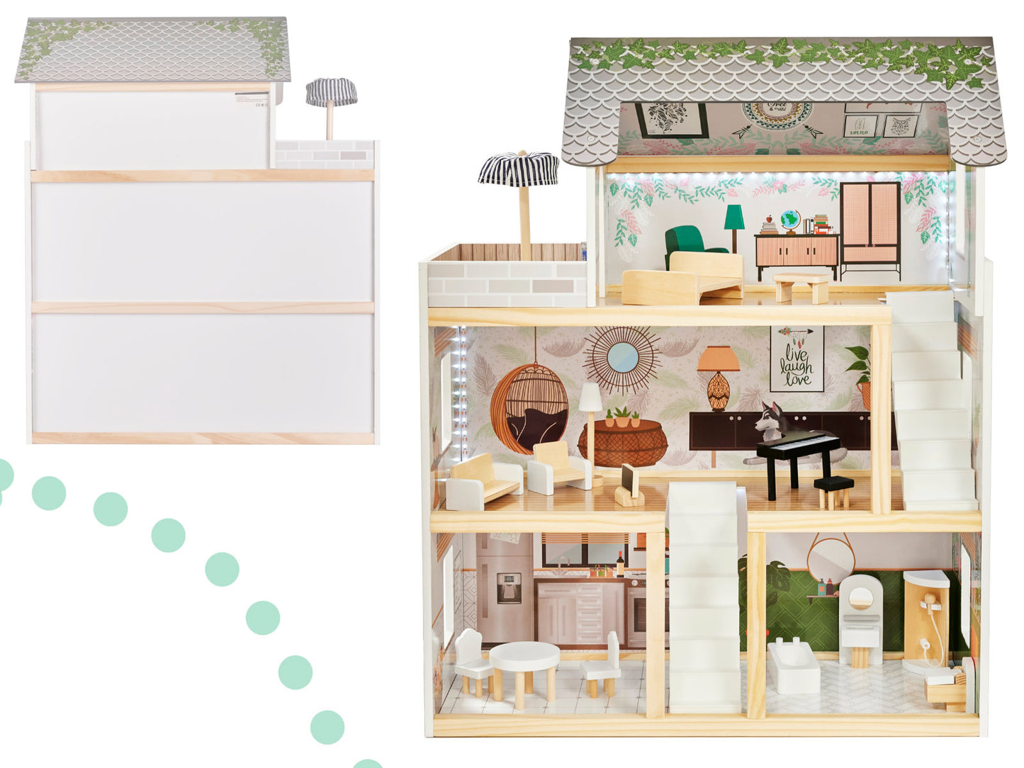 Casuta de Papusi din Lemn Vintage Boho idealSTORE, Dimensiuni 62 x 26 x 78 cm, Include 4 Camere Numeroase Accesorii de Mobilier din Lemn, Camere iluminate LED, Constructie pe 3 etaje, Terasa, Dezvolta Imaginatia si Abilitatile Manuale