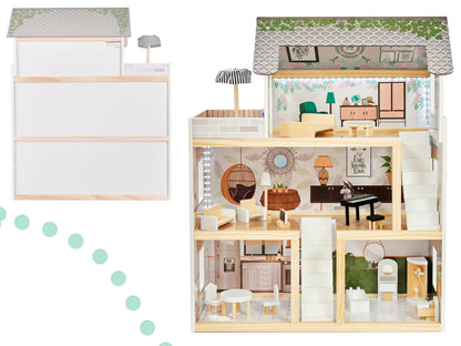 Casuta de Papusi din Lemn Vintage Boho idealSTORE, Dimensiuni 62 x 26 x 78 cm, Include 4 Camere Numeroase Accesorii de Mobilier din Lemn, Camere iluminate LED, Constructie pe 3 etaje, Terasa, Dezvolta Imaginatia si Abilitatile Manuale