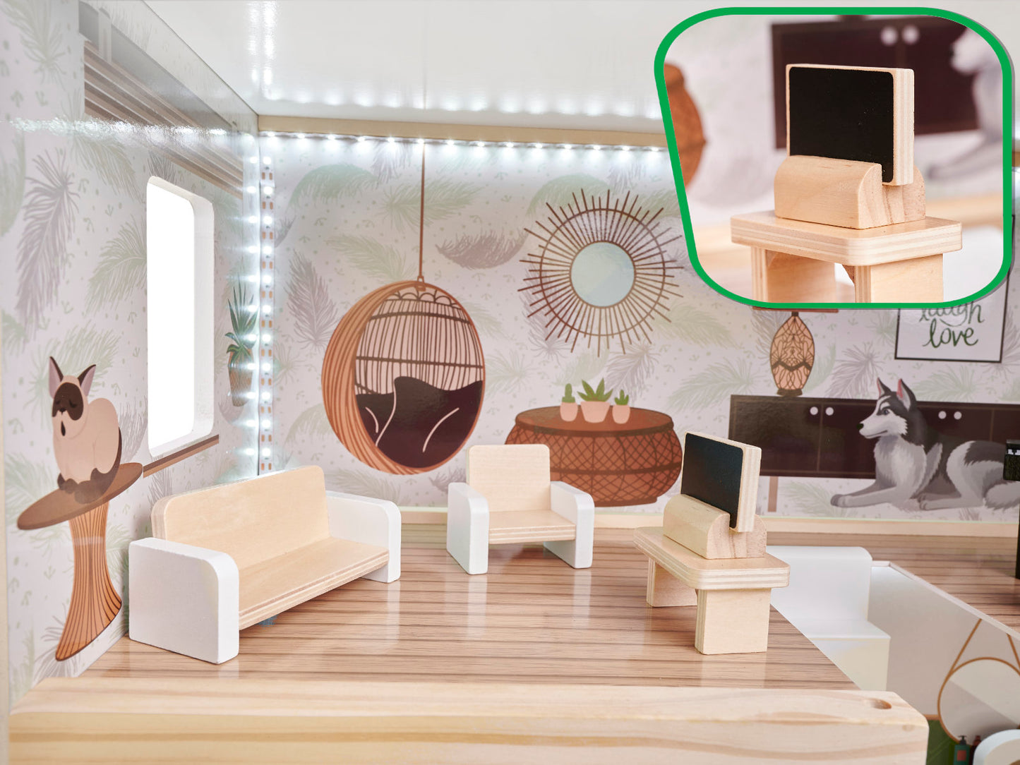 Casuta de Papusi din Lemn Vintage Boho idealSTORE, Dimensiuni 62 x 26 x 78 cm, Include 4 Camere Numeroase Accesorii de Mobilier din Lemn, Camere iluminate LED, Constructie pe 3 etaje, Terasa, Dezvolta Imaginatia si Abilitatile Manuale