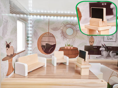 Casuta de Papusi din Lemn Vintage Boho idealSTORE, Dimensiuni 62 x 26 x 78 cm, Include 4 Camere Numeroase Accesorii de Mobilier din Lemn, Camere iluminate LED, Constructie pe 3 etaje, Terasa, Dezvolta Imaginatia si Abilitatile Manuale