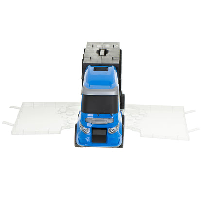 Camion Transportator Police Rescue idealSTORE, Dimensiuni 57 x 11 x 20 cm, Include 7 Vehicule din Plasctic, Semne de Circulatie, Capacitate pana la 26 de Masini, Lansator de Masini, Maner pentru Transport