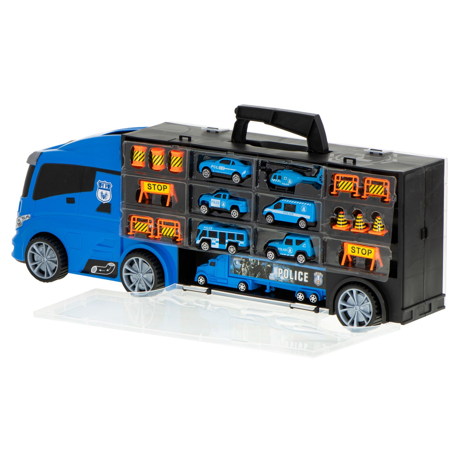 Camion Transportator Police Rescue idealSTORE, Dimensiuni 57 x 11 x 20 cm, Include 7 Vehicule din Plasctic, Semne de Circulatie, Capacitate pana la 26 de Masini, Lansator de Masini, Maner pentru Transport