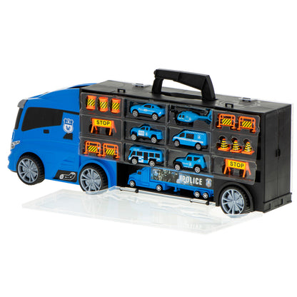 Camion Transportator Police Rescue idealSTORE, Dimensiuni 57 x 11 x 20 cm, Include 7 Vehicule din Plasctic, Semne de Circulatie, Capacitate pana la 26 de Masini, Lansator de Masini, Maner pentru Transport