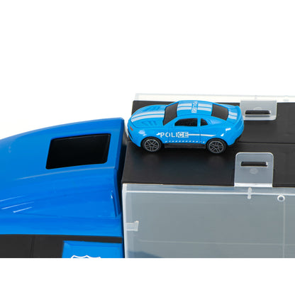 Camion Transportator Police Rescue idealSTORE, Dimensiuni 57 x 11 x 20 cm, Include 7 Vehicule din Plasctic, Semne de Circulatie, Capacitate pana la 26 de Masini, Lansator de Masini, Maner pentru Transport
