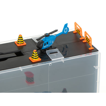 Camion Transportator Police Rescue idealSTORE, Dimensiuni 57 x 11 x 20 cm, Include 7 Vehicule din Plasctic, Semne de Circulatie, Capacitate pana la 26 de Masini, Lansator de Masini, Maner pentru Transport