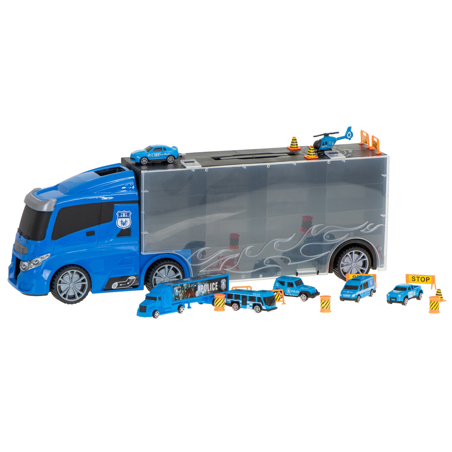 Camion Transportator Police Rescue idealSTORE, Dimensiuni 57 x 11 x 20 cm, Include 7 Vehicule din Plasctic, Semne de Circulatie, Capacitate pana la 26 de Masini, Lansator de Masini, Maner pentru Transport