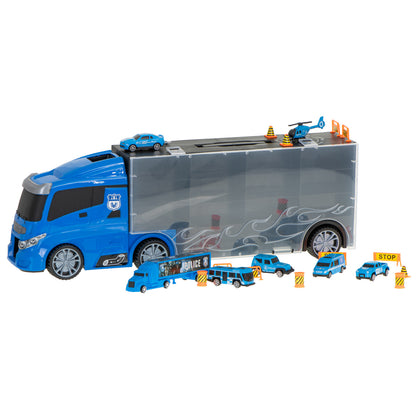 Camion Transportator Police Rescue idealSTORE, Dimensiuni 57 x 11 x 20 cm, Include 7 Vehicule din Plasctic, Semne de Circulatie, Capacitate pana la 26 de Masini, Lansator de Masini, Maner pentru Transport