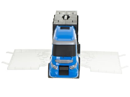 Camion Transportator Police Rescue idealSTORE, Dimensiuni 57 x 11 x 20 cm, Include 7 Vehicule din Plasctic, Semne de Circulatie, Capacitate pana la 26 de Masini, Lansator de Masini, Maner pentru Transport