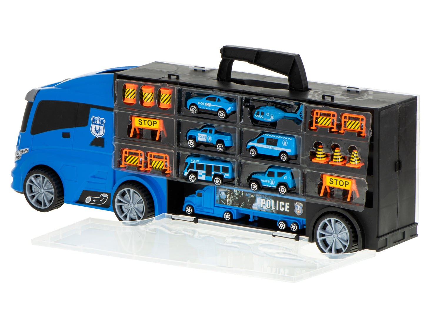 Camion Transportator Police Rescue idealSTORE, Dimensiuni 57 x 11 x 20 cm, Include 7 Vehicule din Plasctic, Semne de Circulatie, Capacitate pana la 26 de Masini, Lansator de Masini, Maner pentru Transport