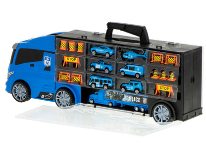 Camion Transportator Police Rescue idealSTORE, Dimensiuni 57 x 11 x 20 cm, Include 7 Vehicule din Plasctic, Semne de Circulatie, Capacitate pana la 26 de Masini, Lansator de Masini, Maner pentru Transport